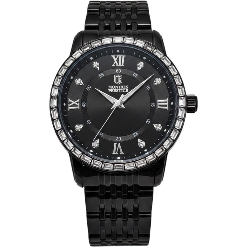 Montres Prestige Mens Black Stainless Steel Crystal Bezel Watch Analog Quartz